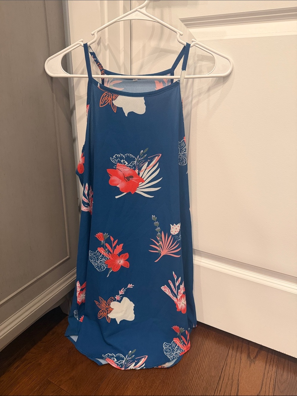 Women’s Blue Floral Sundress with Red & Pink/Salmon Accents